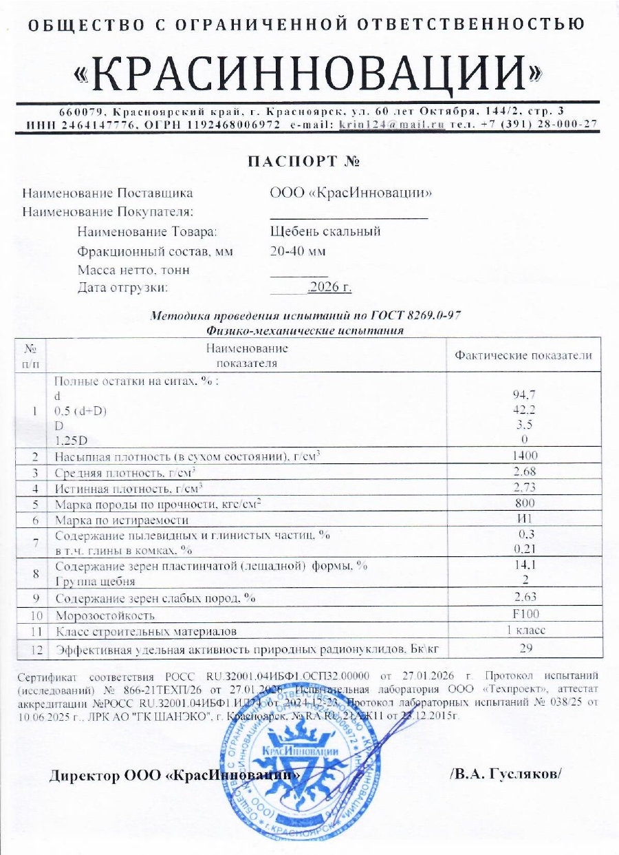 Паспорт щебень 20-40 мм