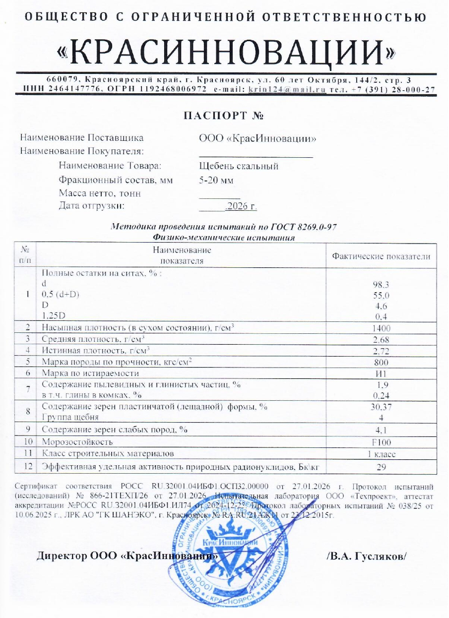 Паспорт щебень 5-20 мм